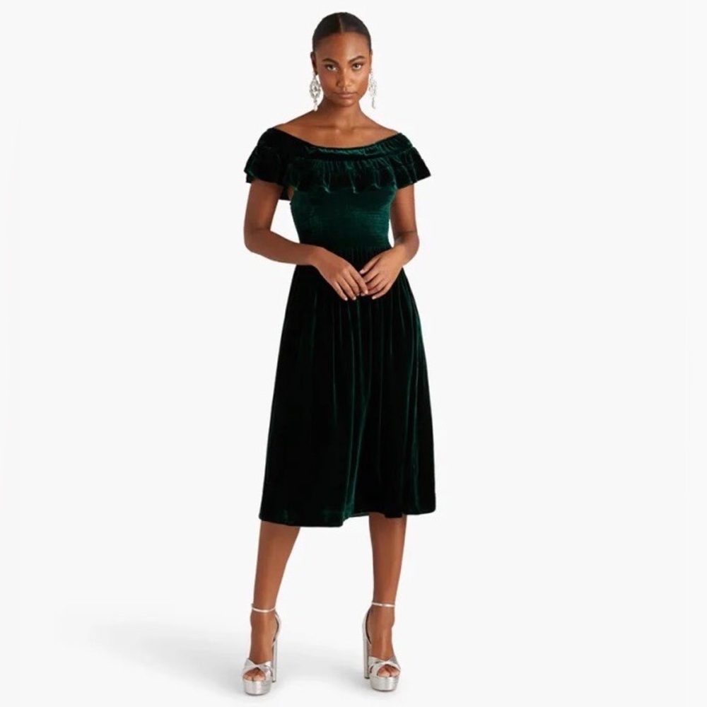 Hill House Dark Green Velvet Off-the-Shoulder Midi Dress